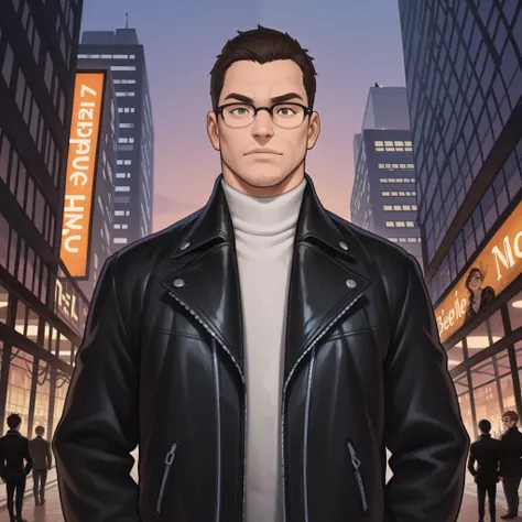  wearing a black leather jacket and glasses standing on a city street((Aerial image of a skinhead no man))   Liam Wong Illuminating Next to the Character's Face ,  Pexel Contest Winner ,  hyperrealism, Beeple.  hyperrealism, Beeple!!, Beeple masterpiece, s...