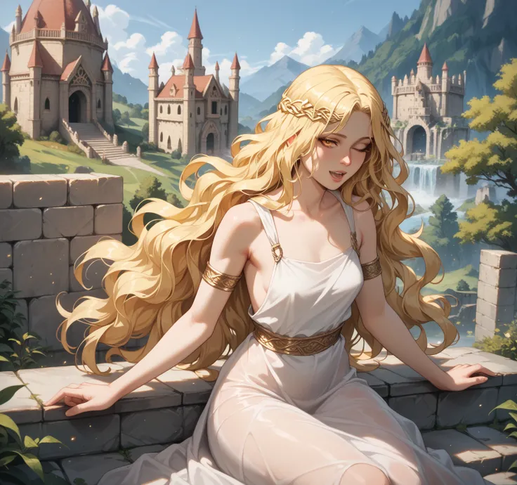  top quality)), (( Masterpiece)), ( Details),  sexy,  in the seat, Miquella The Kind, elden_RING,  long golden hair ,  round golden eyes ,   wearing a transparent white dress , Stone brick castle, small breasts, with a loving look,creampie, orc raper,