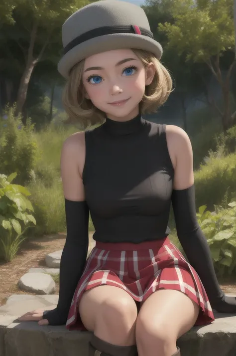 pkmnserena, 1 girl, Alone , Blue eyes,  blond hair,  short hair , blows, has, incredibly detailed ,
 Black Shirt,  turtleneck,   sleeveless  , red skirt,  pleated skirt ,  black tights , brown boots, sexual,
 smile, closed mouth ,cowboy shot, sitting ,
for...