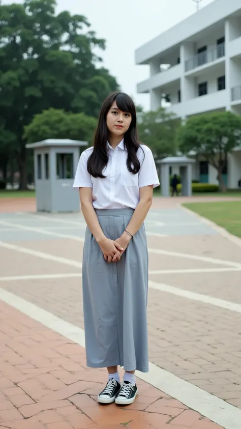 nabilah, she's Wearing a white collared short-sleeved shirt,  and a light blueish-grey long skirt.  White ankle socks and black sneakers.  She stands confidently, hands clasped in front.  A paved walkway, light brown and orange-toned tiles.  White painted ...