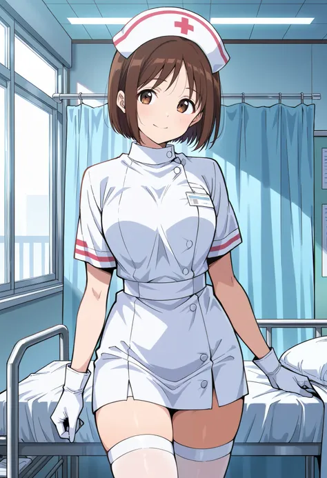 Score_9, score_8_up, score_7_up, source_anime, ayami sasaki, solo, short hair, bangs, brown hair, brown eyes, (best quality), (high quality), {masterpiece}, extremely delicate and beautiful, ultra-detailed, beautiful detailed eyes, nurse, nurse hat, ((whit...