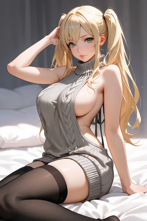 blonde hair,black legwear,twintails,green eyes,long hair,lips,large breasts,virgin killer sweater,