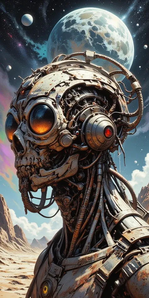 A cyberpunk digital close-up painting depicting an old rusty robot that sadly wanders through an alien landscape. The character's face is partially hidden by a complex cybernetic headdress made of weathered, rusty metal with complex mechanical components, ...