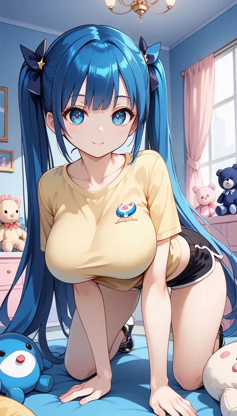 score_9, score_8_up, score_7_up, 1girl, Ultra cute, ultra sexy, ultra feminine, ultra curvy, ultra bouncy, perfect eyes, perfect face, large breasts, ((Busty Bitches)), crawl on all fours, blue twintails, yellow shirt , (nicely accentuated ass), stuffed an...