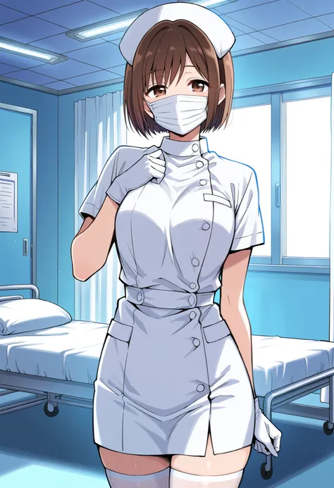 Score_9, score_8_up, score_7_up, source_anime, ayami sasaki, solo, short hair, bangs, brown hair, brown eyes, (best quality), (high quality), {masterpiece}, extremely delicate and beautiful, ultra-detailed, beautiful detailed eyes, nurse, nurse hat, ((whit...