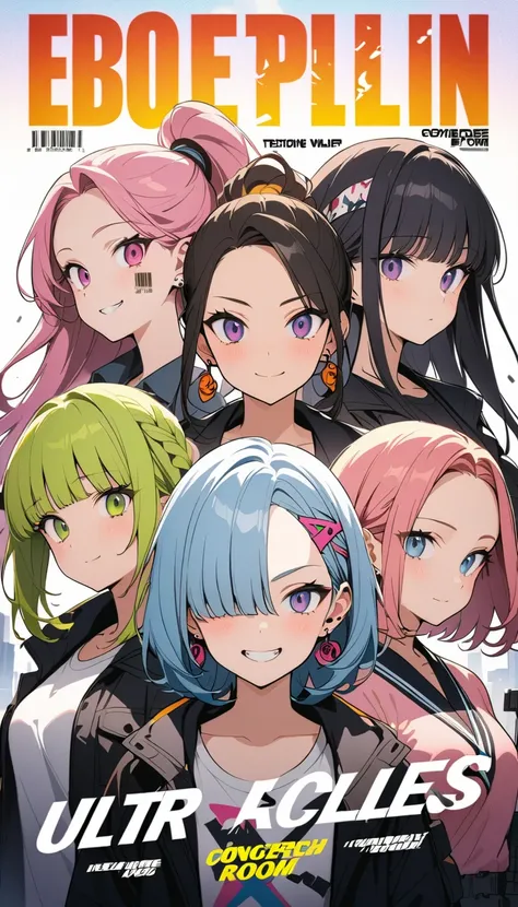 (Four beautiful girls : 1.3), girls ,(protective clothing,headband, earrings,Assault rifle), blonde, black hair, Hair, Silver Hair, red hair ,Blue Hair,Green Hair,Pink hair,Purple Hair, ponytail, bob cut, twin tails, long hair, short hair, bun hair, wave h...