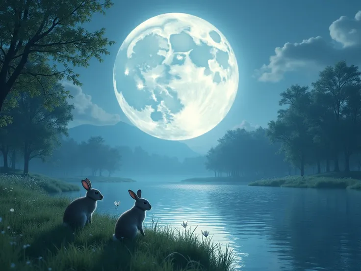 Big moon by the river, with rabbits walking