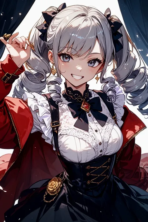 Draw an anime-style illustration　 　 beautiful girl　 silver hair　curl　 drill hair　 laughs innocently