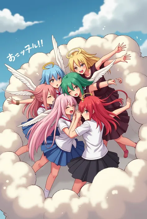 An anime-style illustration depicting many angel-girls and devil-girls playfully wrestling with each other inside a chaose comical fight cloud.
each angel-girl and devil-girl has different colored hair.
their faces,hands,and feet are visible emerging from ...