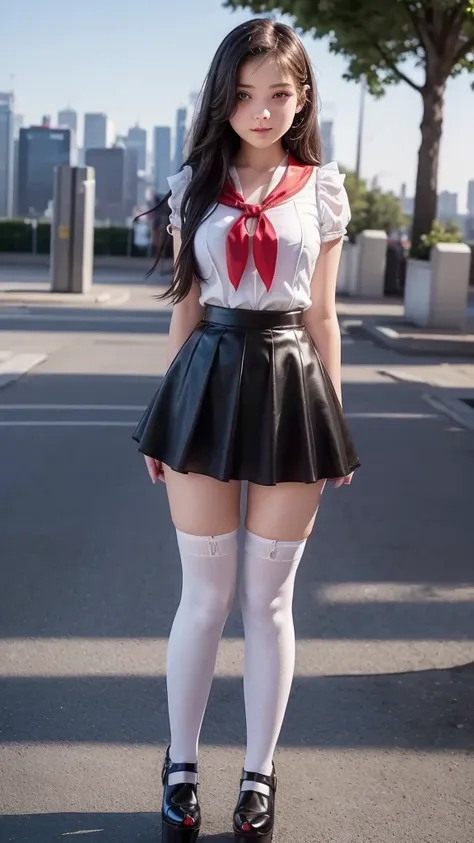 ((full body)), front view fitted figure , cute  beautiful schoolgirl, beautiful cute    face with big lips , ((girly and sweet)), (confident), (smile), ((very detailed character)), (((girl is just 13 y.o.))), ((High Waisted black silk  skater skirt)), ((tr...