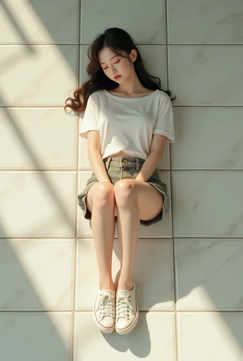 A pretty Korean girl is sleeping on a tiled floor wearing shorts and sneakers