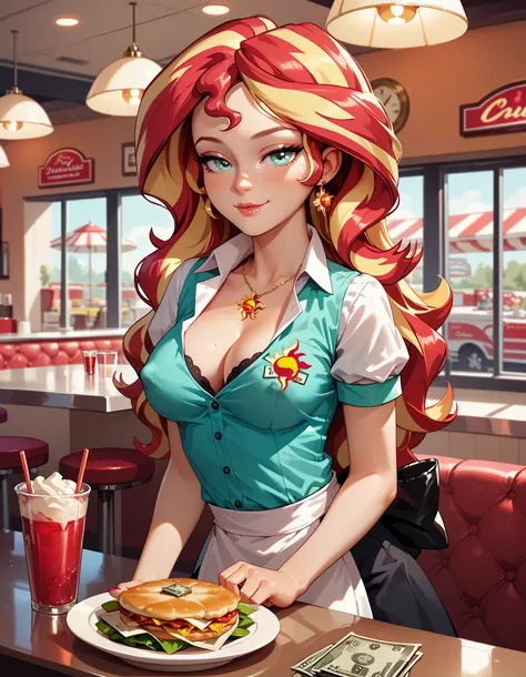 Sunset shimmer, wavy hair, solo, cleavage, as a waitress, in a diner, medium breasts, bedroom eyes, erect nipples under shirt, dollar bills sticking out from in-between her breasts