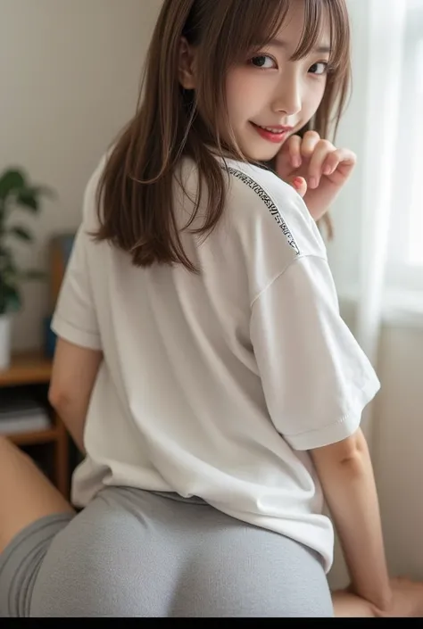 This is a candid shot of a 22-year-old young Japanese woman with long straight brown hair and bangs, Random-colored t-shirts, I'm wearing light gray leggings.  She looks over her shoulder at the camera and has a cute and sneaky smile.((Shot showing buttock...