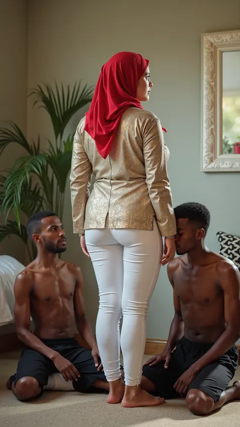 I am 40 year old plus size Afghan white women with huge ass and breast, wearing a gold boarded short hand full length side slit open silver kurti ,and shining reflective glossy white tight short length capri leggings,red hijab, i am standing in bedroom,two...