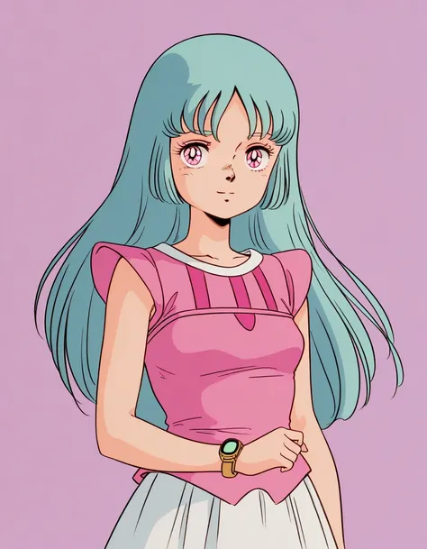 nsfw,  general , high resolution,  Super Detail, very aesthetic, top quality ,  Best Hand  ,  BREAK Ciela _Rapana , 1 girl,Alone,  long hair,  pink eye,  aqua hair, bangs, chest,  1980s ( style), retro art style,  Anime Coloring Book,
 dress,   light smile...