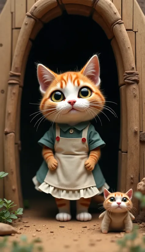 mother cat dressed with apron, got his head out of his shack