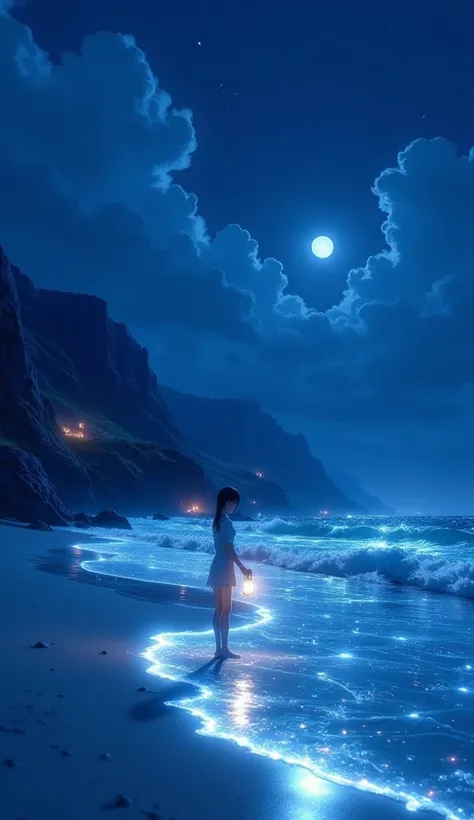 A dramatic anime-style illustration of a  standing alone on a shimmering beach at night. The waves glow faintly with bioluminescence, creating an ethereal trail leading towards the horizon. Above, a vast, cloudy sky is illuminated by moonlight and distant ...