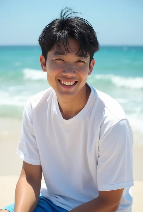 (( best quality)), (( masterpiece )), (Detail),  perfect face , man Jepang, man *******, smudge-free , white t-shirt,  blue shorts ,  short black hair , bright smile ,  strong sunlight on the beach, subject depth , sharp focus,.