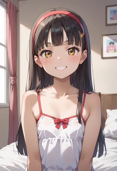 (( top quality)), (( Masterpiece)), (be familiar with),  perfect face,  indoor, bedroom,  watching viewers ,
One woman,  Yukiko Aikina,
開いた口,  ecstatic expression, blush, smile,
 small tits,  flat chest, Young girl,  lori,  s,  girl,
 long hair,  long hair...