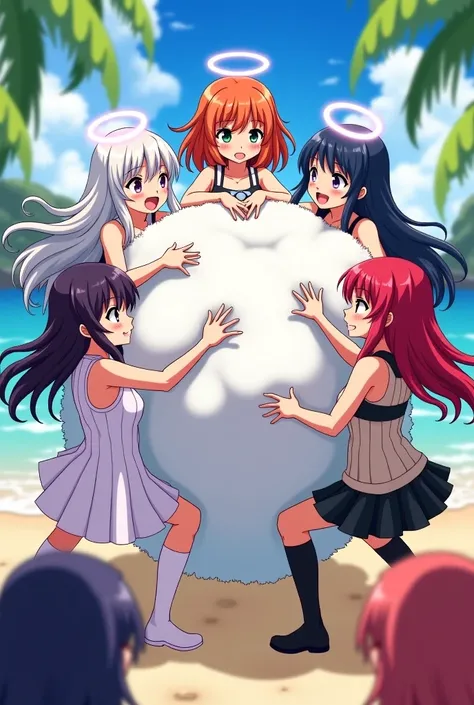 An anime-style illustration depicting many angel-girls and devil-girls playfully wrestling with each other inside a paradise comical fight cloud.
each angel-girl and devil-girl has different colored hair.
their faces,hands,and feet are visible emerging fro...