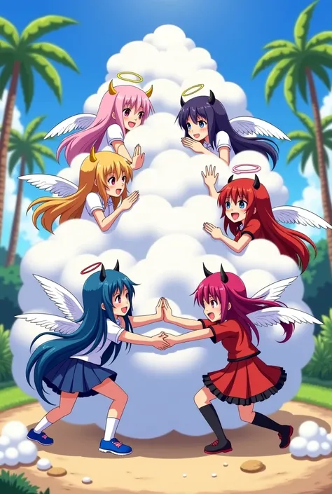 An anime-style illustration depicting many angel-girls and devil-girls playfully wrestling with each other inside a paradise comical fight cloud.
each angel-girl and devil-girl has different colored hair.
their faces,hands,and feet are visible emerging fro...