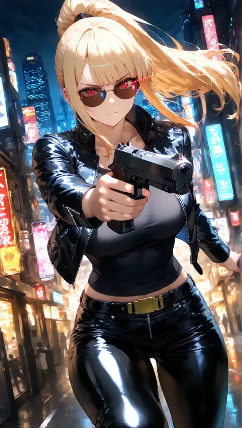 Commemorative photo of a girl,1person,JK,gals,LEATHER JACKET:1.2,leather pants,biker boots,finger less grove,sunglasses,serious,close mouth,Light and Shadow with Attention to Details,Soft focus,Background Blur,anime style,anime paint,(top quality:1.2,4K,8k...