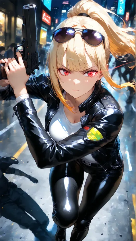 Commemorative photo of a girl,1person,JK,gals,LEATHER JACKET:1.2,leather pants,biker boots,finger less grove,sunglasses,serious,close mouth,Light and Shadow with Attention to Details,Soft focus,Background Blur,anime style,anime paint,(top quality:1.2,4K,8k...