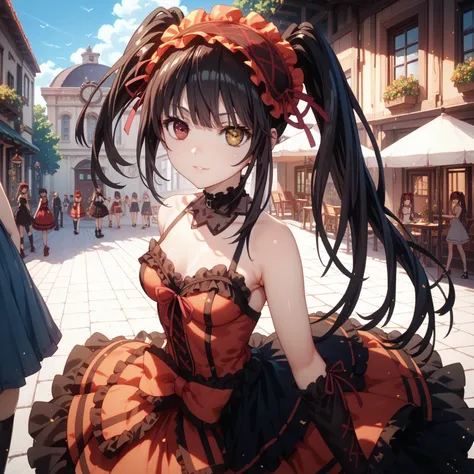 kurumi tokisaki, long hair, twintails, heterochromia, yellow eyes, clock eyes ,symbol-shaped pupils, dress, hairband, black thighhighs, Medium chest, glossy skin, glistening skin, looking at viewer, Tempting body, public