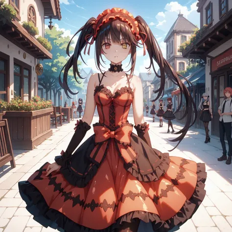 kurumi tokisaki, long hair, twintails, heterochromia, yellow eyes, clock eyes ,symbol-shaped pupils, dress, hairband, black thighhighs, Medium chest, glossy skin, glistening skin, looking at viewer, Tempting body, public