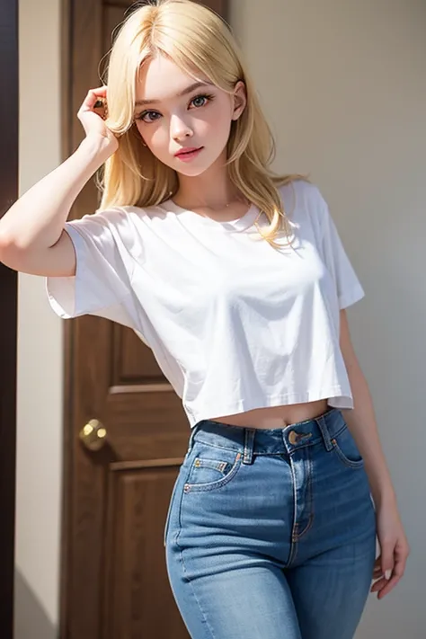 cute young girl, blonde hair, small breasts, posing in loose white tee shirt and blue jeans