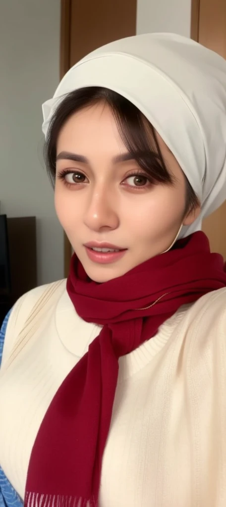 a close up of a person wearing a headscarf and a scarf, with accurate face, faridah malik, malaysian, serena malyon, 3 0 years old woman, 30 years old woman, hijab, 8k selfie photograph, zenra taliyah, beuatiful face, desaturated!!, face picture, sakimi ch...