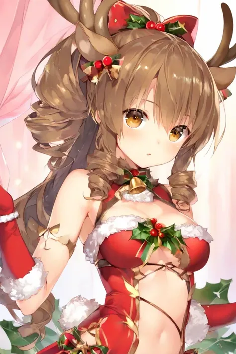 holy \(flower knight girl\),brown eyes,brown hair,drill hair,medium breasts,reindeer antlers,ponytail,hair_bow,