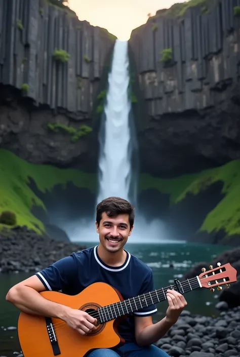 A potret photography realistic young man with short dark hair and a mustache, wearing a dark blue t-shirt with white stripes, sits playing a classical guitar. He is positioned in the foreground, slightly to the left of the center of the image. The guitar i...