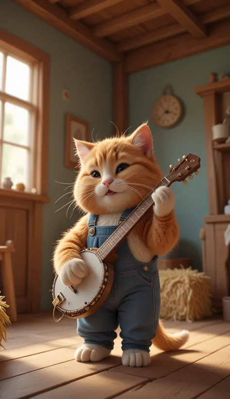 A photo-realistic image of a brown and white cat with a friendly smile, 
standing on two legs in denim overalls, playing a banjo inside a rustic barn. 
Sun rays coming through wooden slats, detailed country setting.
