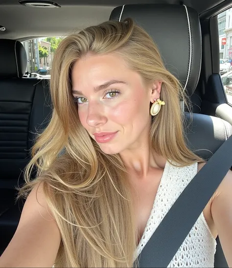 A young woman with long, flowing blonde hair is seated in the driver's seat of a car. She is wearing a white, textured sleeveless top and gold earrings with a white oval stone. Her hair is styled with a slightly tousled look, cascading over her shoulders. ...