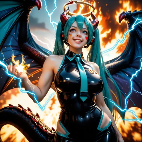 (((Hatsune Miku))), propotional body, ((Gorgeous)), (((young girl face))), ((demon Horns)), ((Black Gear halo)), ((Lightning Power)), ((Electricity)), ((Fire Background)), ((Lightning Storm)), ((Power Erupting)), (((Evil Power))), (((Busty))), (((dragon st...