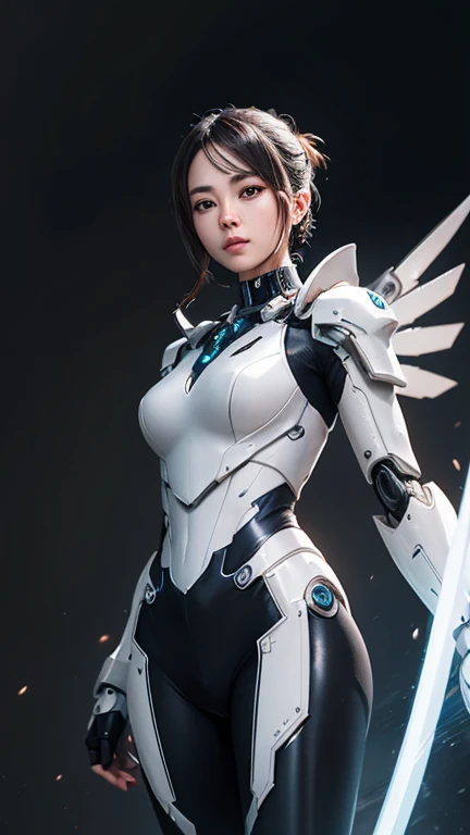  top quality 、 masterpiece、 Ultra HD、 Arad woman wearing futuristic suit，With wings and a sword,  girl in mecha cyber armor , 赛博朋克cartoon女孩机甲, 与有机体混合的cartoon,  Mechanical Valkyrie Girl , 完美的cartoon生化人女性,  cute girl, Female Mecha, Simple futuristic electron...