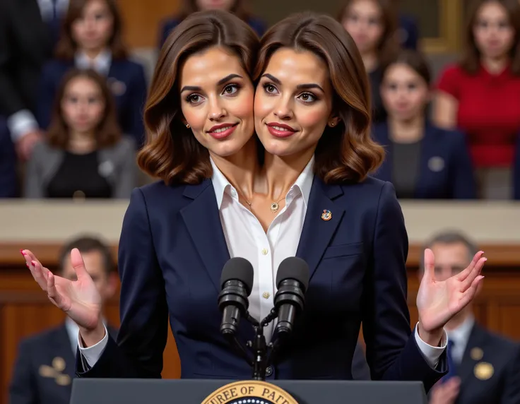 realistic face two headed Caucasian female with brown hair and brown eyes a in business suit, us president, very fit, two heads, conjoined twins, white polo shirt, round breasts, speaking at podium, podium with potus seal, inaguration, us capitol, us flag ...