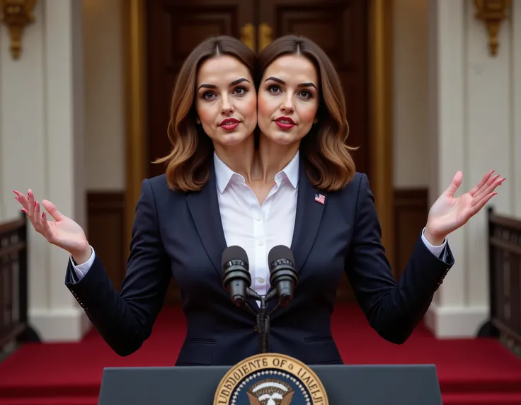 realistic face two headed Caucasian female with brown hair and brown eyes a in business suit, us president, very fit, two heads, conjoined twins, white polo shirt, big boobs, speaking at podium, podium with potus seal, inaguration, us capitol, us flag pin ...