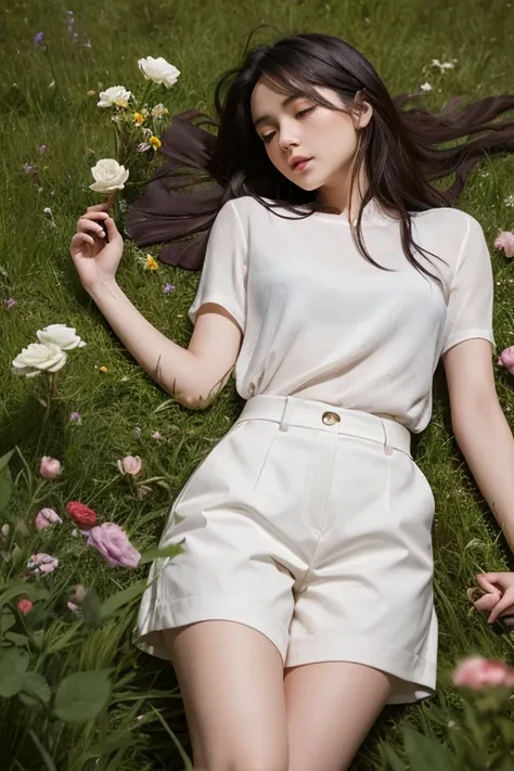 A melancholic autumn scene in a vast flower field,a gentle breeze rustling through the dry grass,fallen leaves scattered among the flowers, a bittersweet atmosphere, a moment of quiet contemplation,1girl,long hair,white_skirt, high-waist_shorts, outfit ,ro...