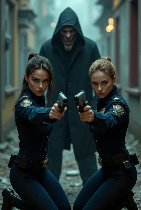  Two sexy girls in police uniforms are kneeling and aiming at the man in the background. In the background is a man in a black hooded coat, he has a scary demon mask on his face 