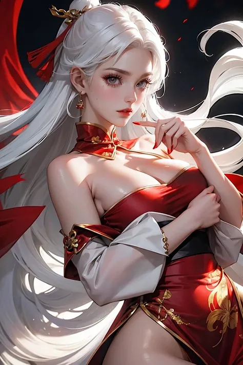  A woman with white hair and red eyes ,  wearing a Chinese dress , Is a bit like anime , the&#39; s art ny And her clothes are a little closed, she has a scarf or a cloak like the, so she wears a cloak like the so the it&#39; s is a little closed , ( not s...