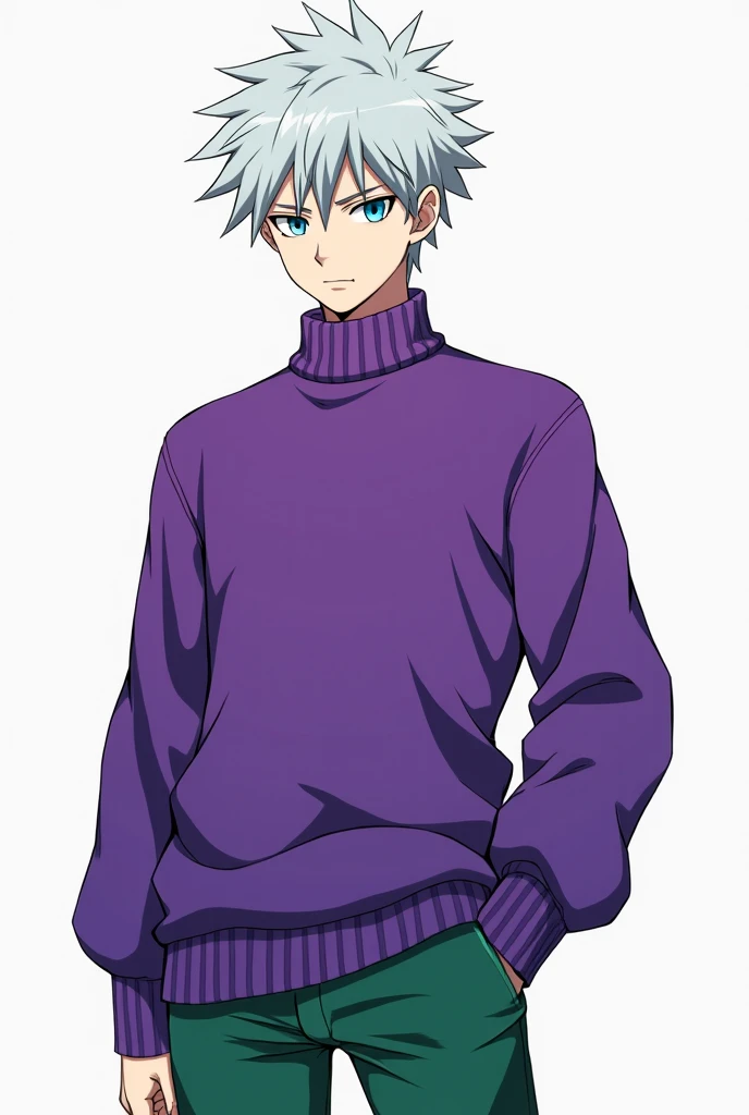 Create a serious 19 year old teenage boy  ,  his hair is white and his eyes are blue ,  he will have pale white skin ,  he will have a purple sweater and tight green long pants. (anime), spiky hair