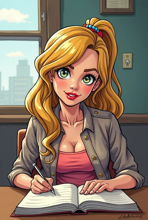 a cartoon girl sitting at a desk writing in a book, a comic book panel inspired by Mary Jane Begin, trending on deviantart, precisionism, comic drawing style, betty cooper, comics style art, highschool background, drawn in the style of mark arian, graphic ...