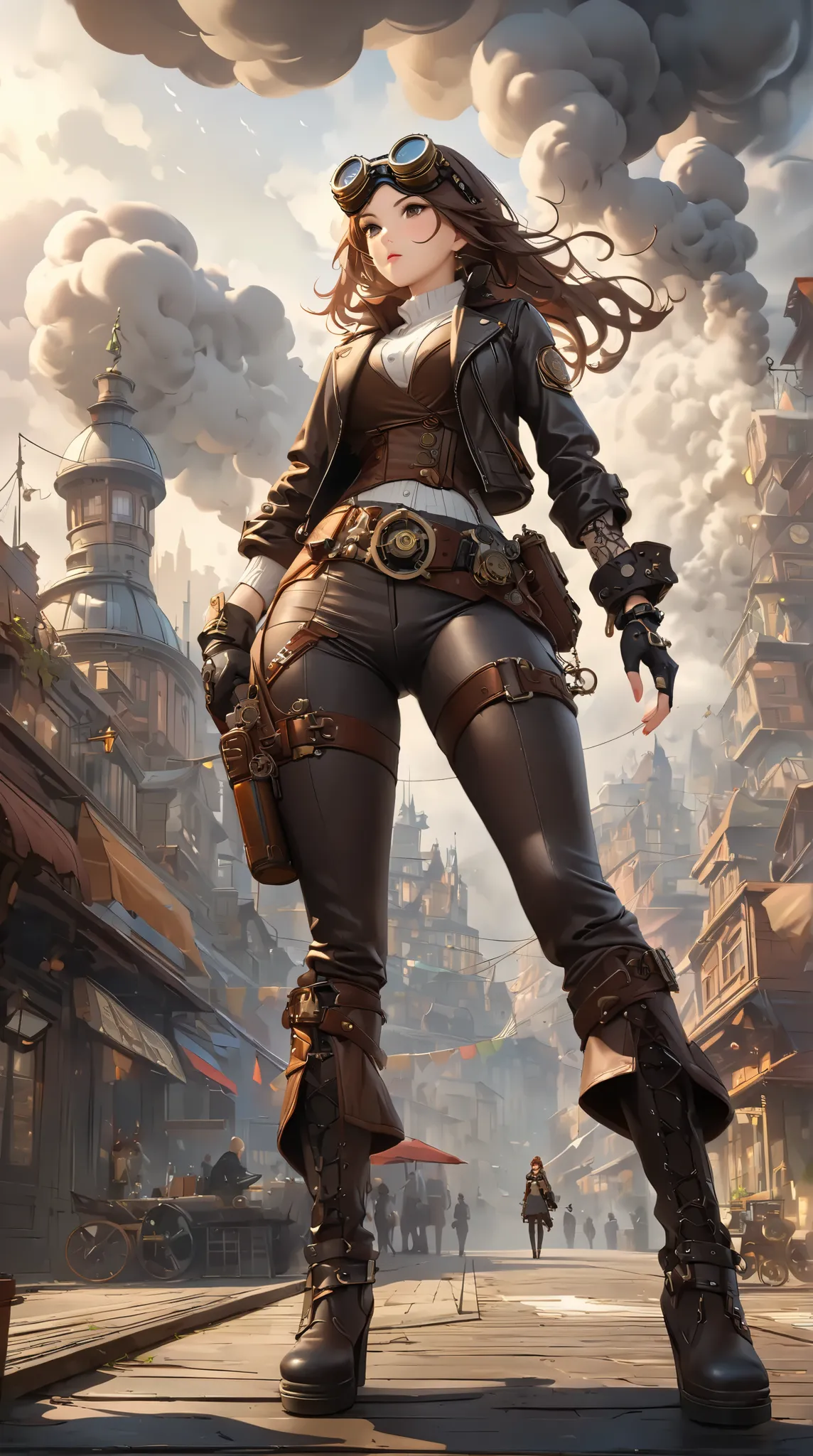 ((  top quality)),(  Ultra High Resolution),(  very detailed),(   detailed explanation  ),((  best CG  )),(  Best Artwork  ), Ultra-precise art,  Amazing Art of Painting,(Exquisite art:1.5),  woman,  goggles,  leather jacket, holster,  tight pants,  long b...