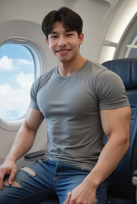 Realistic photo Side view of a young Korean man professionally shot sitting on a plane by the window, looking out the window, smiling happily. Korean man in dark gray round neck t-shirt , Big arm muscles,  tight breasts ,  muscle bundle,  ripped jeans  , H...