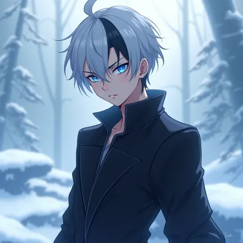 anime cute man 18-year-old, clean design, intricate details, (glowing blue eyes), short parted white/black hair, black iconic outfit, aggressive look, 8k resolution, snowing background, full body, leaning
