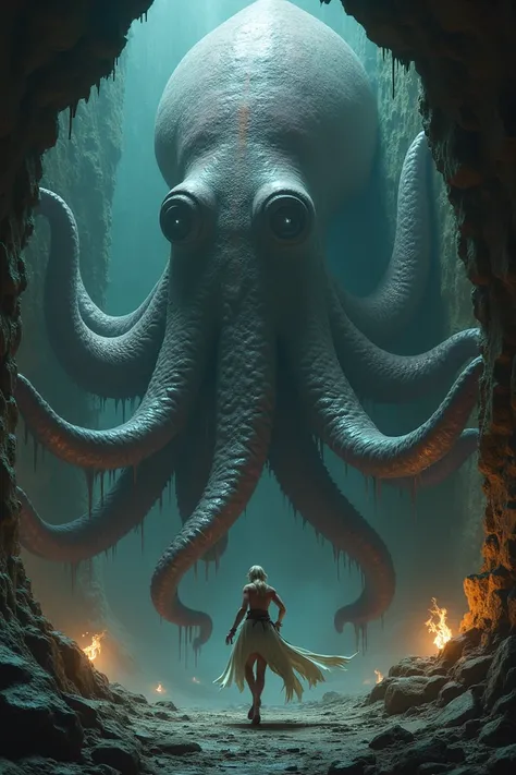 An elf that is trapled by a giant squid in a dungeon