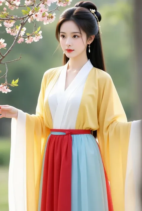 The image depicts a young woman dressed in traditional Hanfu attire. She is wearing a flowing yellow robe layered with white, along with a vibrant red and blue skirt. Her hair is styled elegantly with a decorative hairpin, complementing the serene and natu...