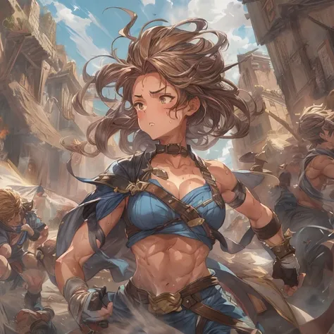 "A Granblue Fantasy-style illustration. An 18-year-old boyish martial artist girl with tanned skin and a muscular, well-toned body, especially emphasizing her defined abs. She is in the middle of a battle, having just taken a powerful body blow, showing an...